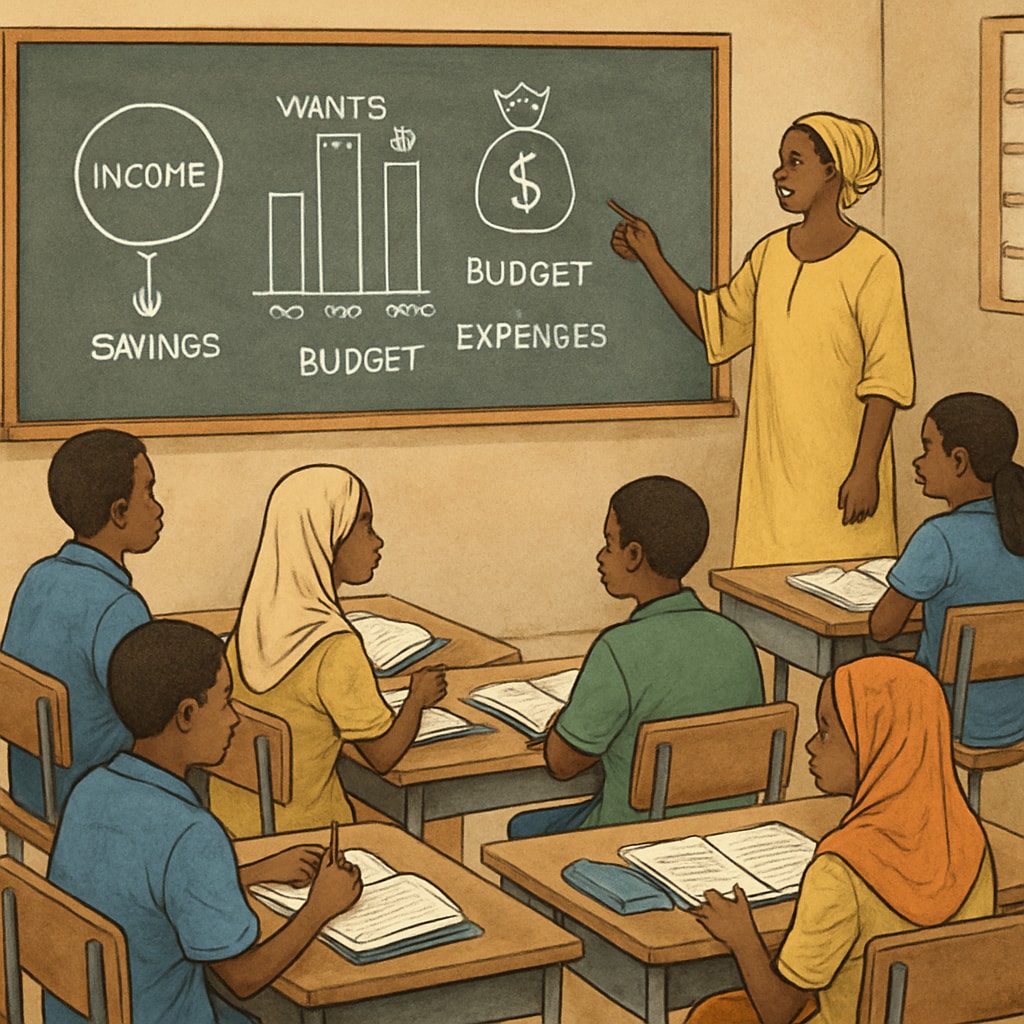 Financial literacy classroom in Mali featuring engaged students.