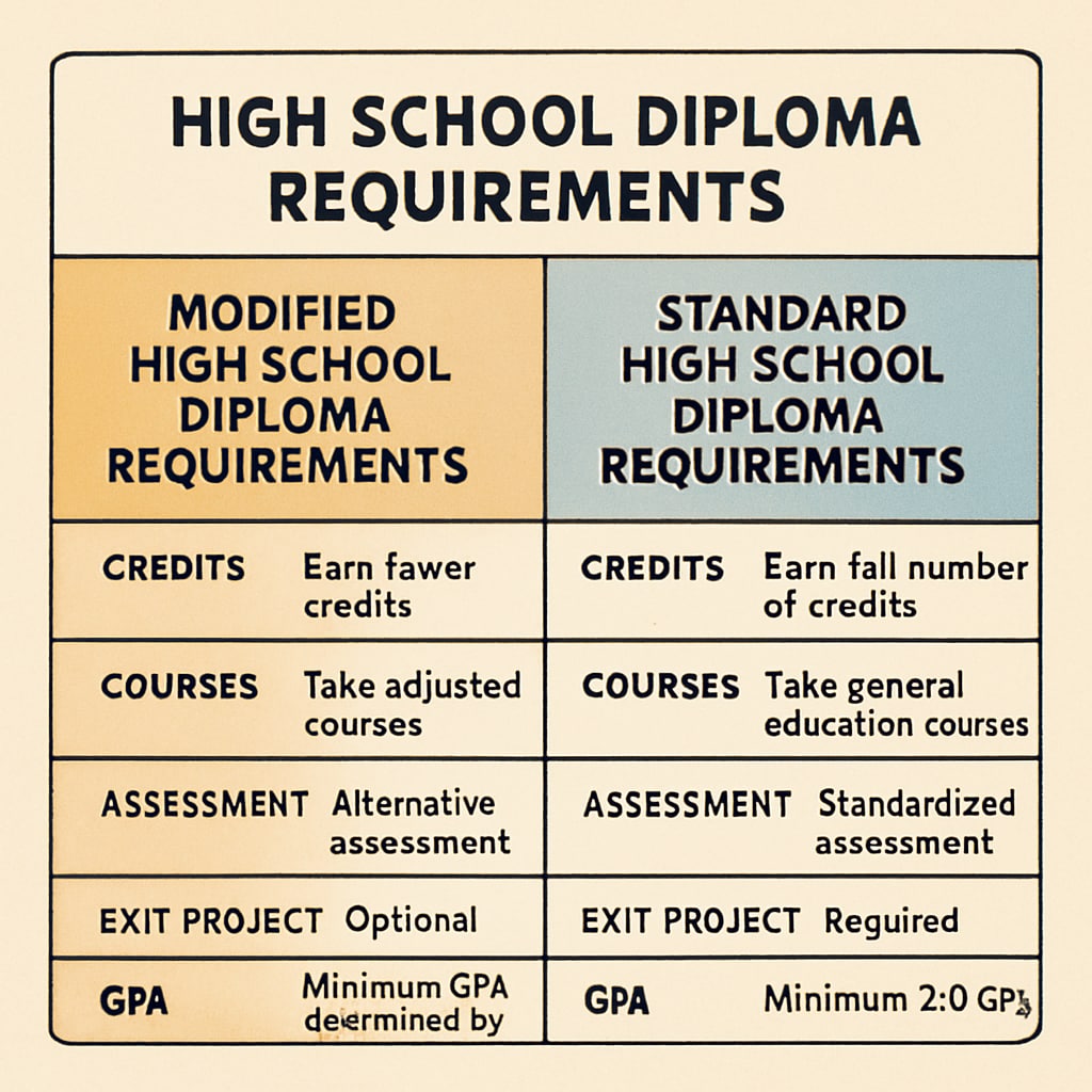A comparative chart of modified and standard high school diploma requirements, highlighting key differences. A chart comparing modified and standard high school diploma requirements.