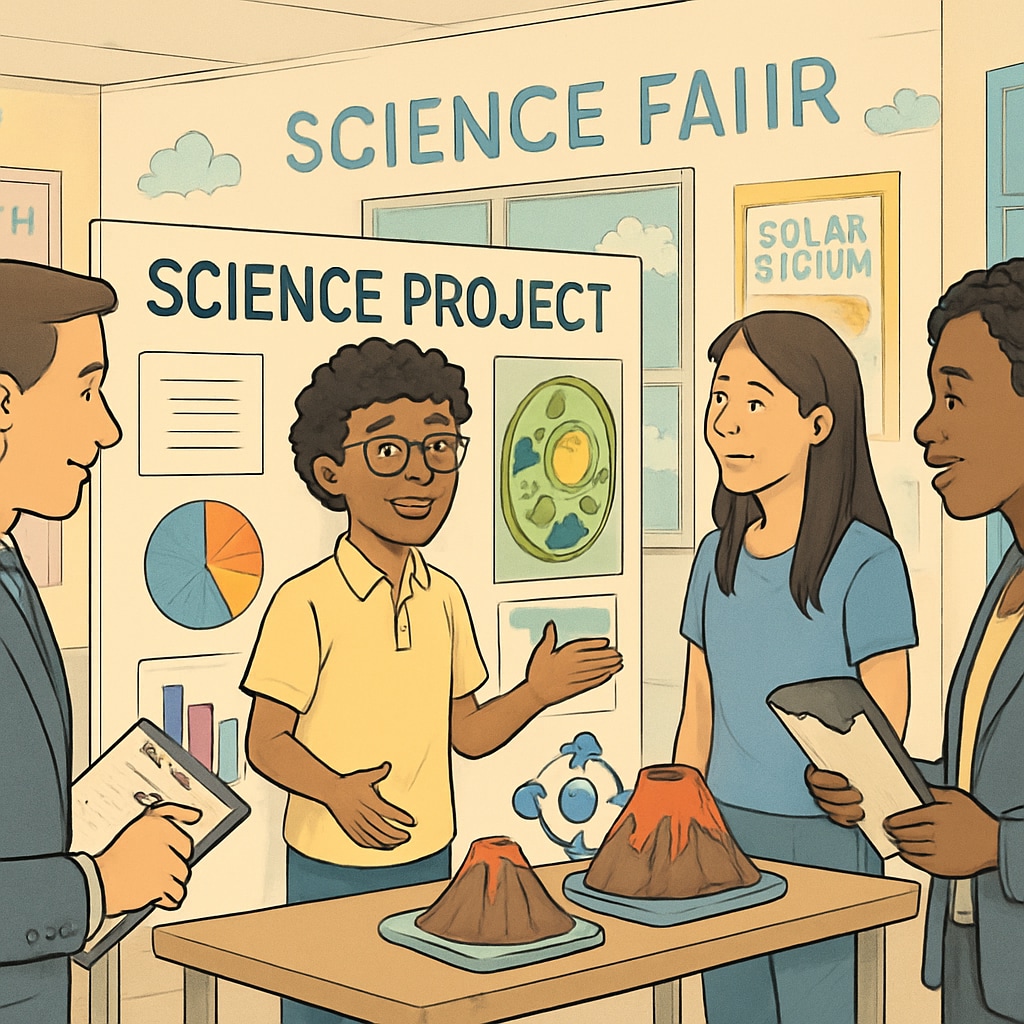 A student presenting a science project at a school fair, engaging with judges and peers. A high school student demonstrating a science project, emphasizing real-world application of educational concepts.
