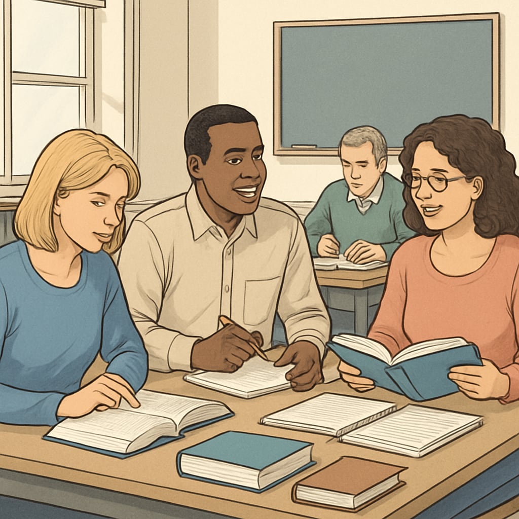 A group of adult learners in a classroom, emphasizing opportunities for continued education. Adult learners in a classroom, symbolizing pathways to a standard diploma.