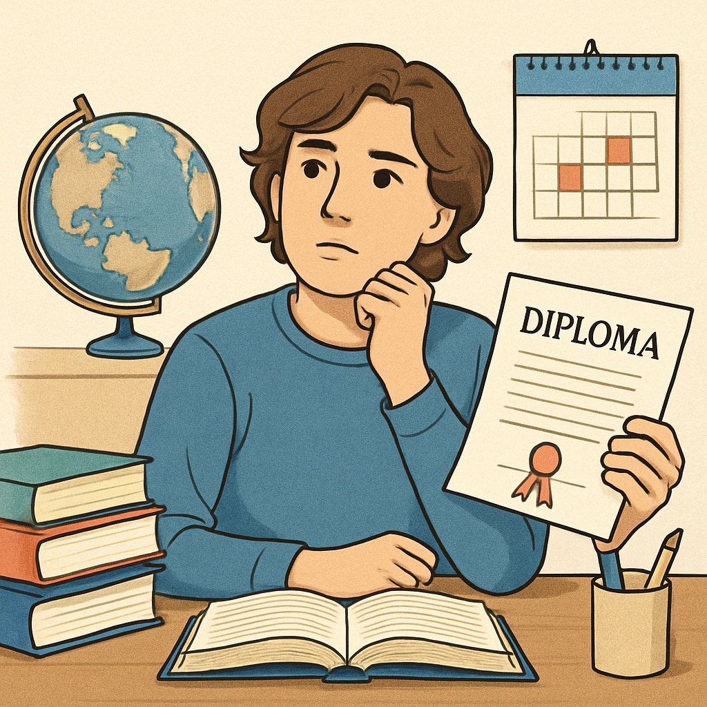 A young adult sitting at a desk, holding a diploma and reflecting on future goals. A person with a modified high school diploma reflecting on their future.
