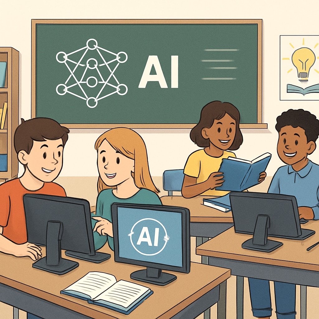 A classroom with students using AI tools for collaborative learning, representing the integration of AI into education. Students using AI tools for collaborative learning in a classroom setting.