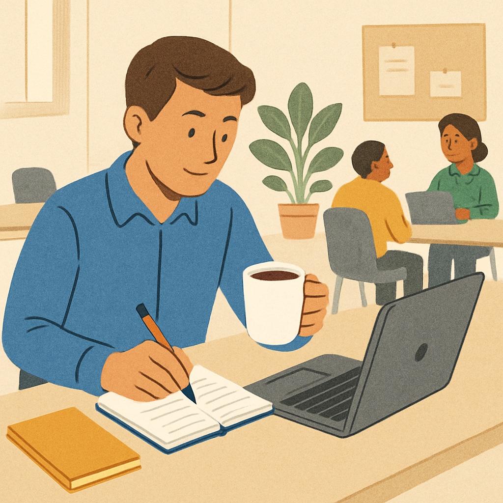 A person multitasking with a laptop, notebook, and a cup of coffee in a shared workspace. Busy professional managing time to pursue higher education.