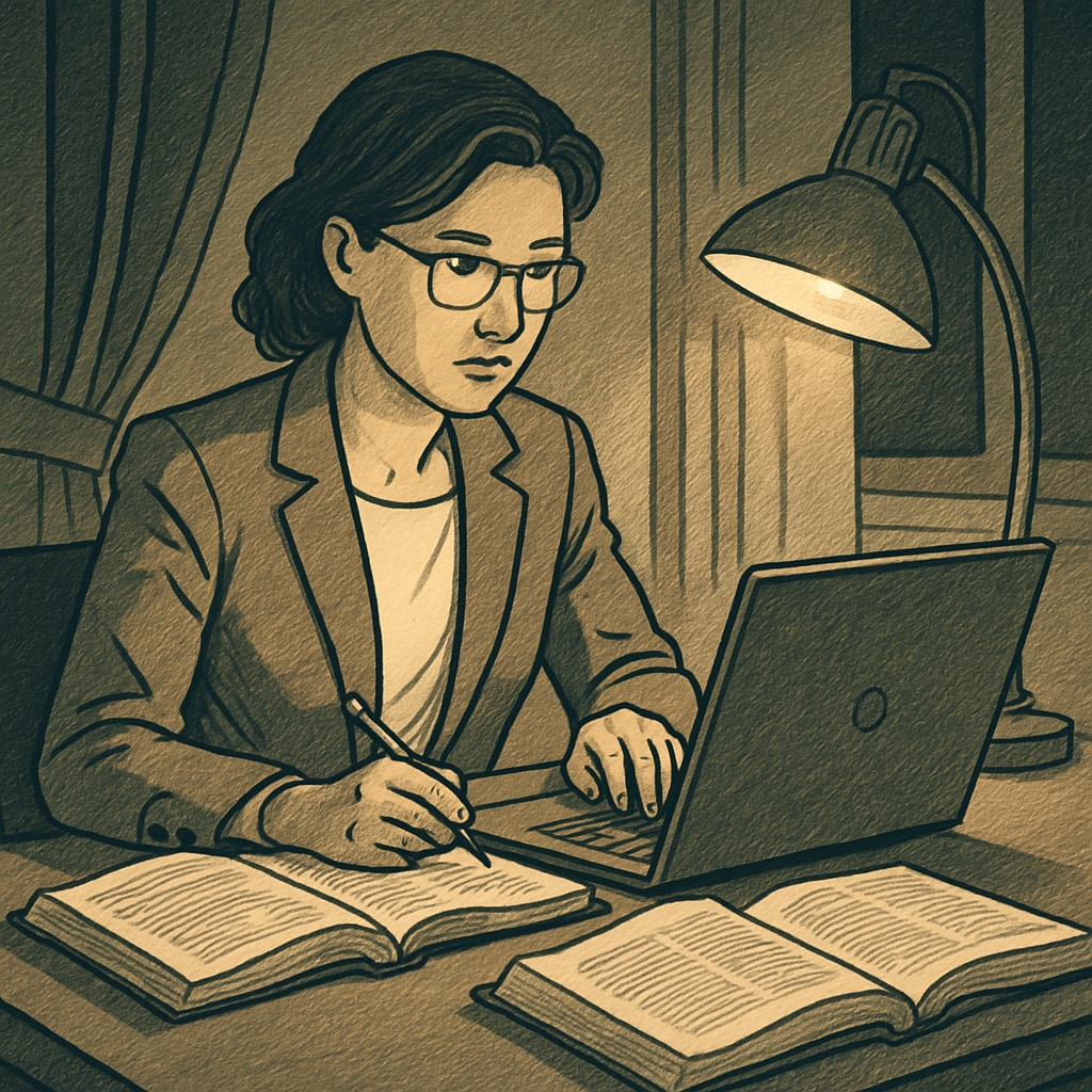 An adult professional studying at night with a laptop and textbooks, symbolizing the balance between career and education. A professional balancing career and education, studying for a master’s degree at night.