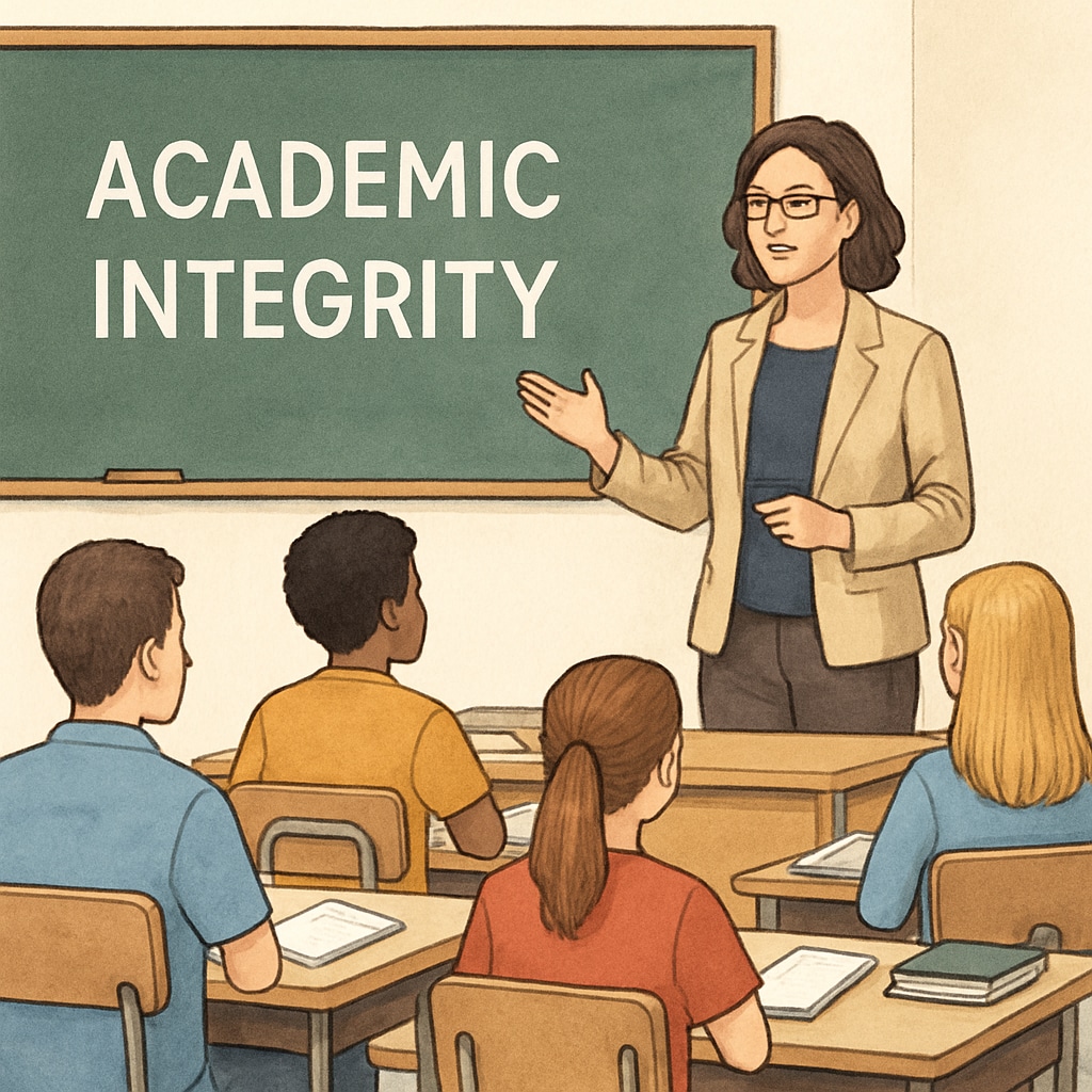 A classroom setting where a teacher is explaining academic integrity to students. Teacher explaining academic integrity to students.