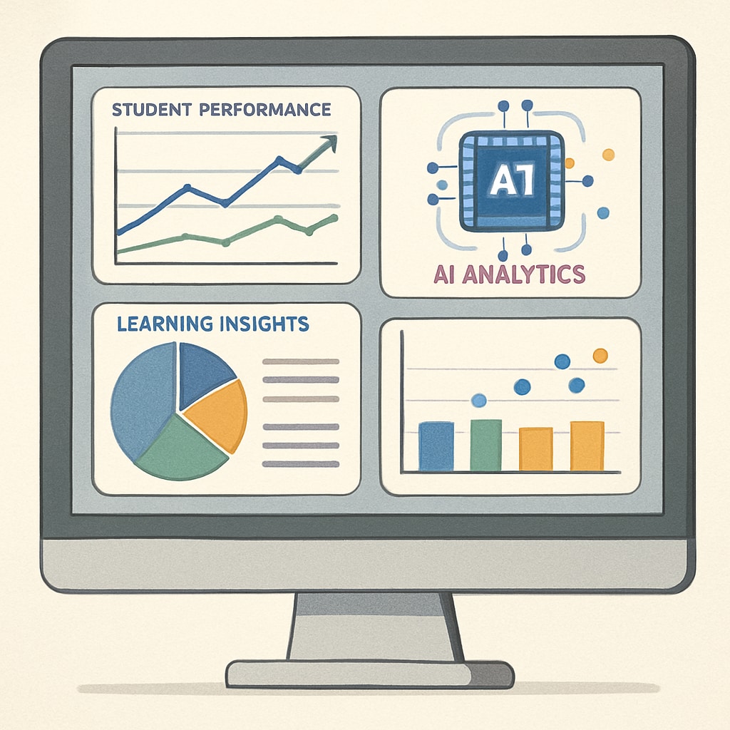 A conceptual image showing AI-driven analytics on a computer screen, highlighting insights into student learning patterns. AI-driven analytics on a computer screen showing student learning patterns.