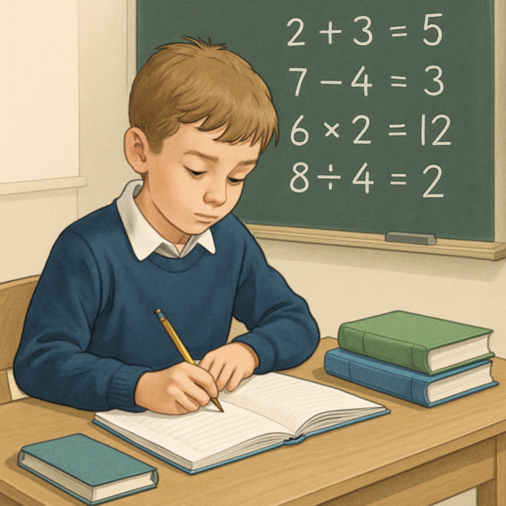 A young student studying mathematics in a UK classroom, focusing on foundational skills. UK student studying mathematics after an education interruption