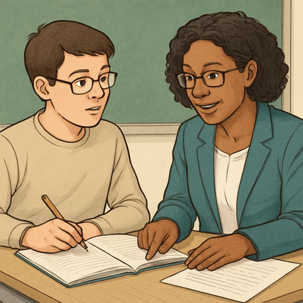 A close-up of a student discussing their work with a teacher, showcasing mutual understanding. Student discussing work with a teacher.