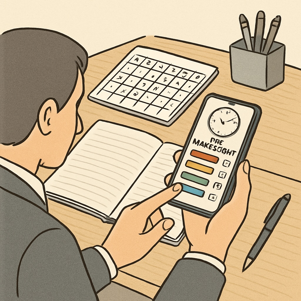 A professional using a time management app on a smartphone, illustrating the importance of planning and organization. A professional managing time effectively for work and studies using a smartphone app.