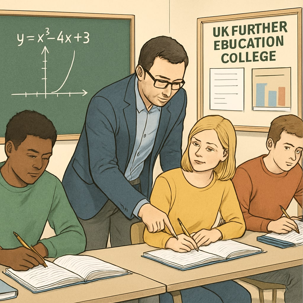 A teacher assisting students in a UK further education college math class. Teacher guiding students in a UK math class for returning learners