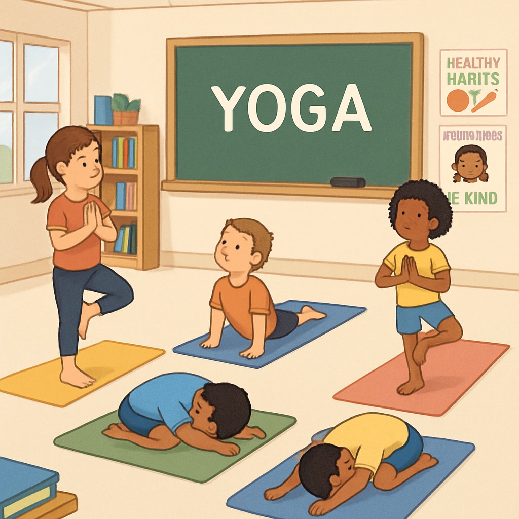 A classroom where children practice yoga as part of a holistic education program. Students practicing yoga in a K12 classroom, reflecting Sadhguru’s holistic education principles.