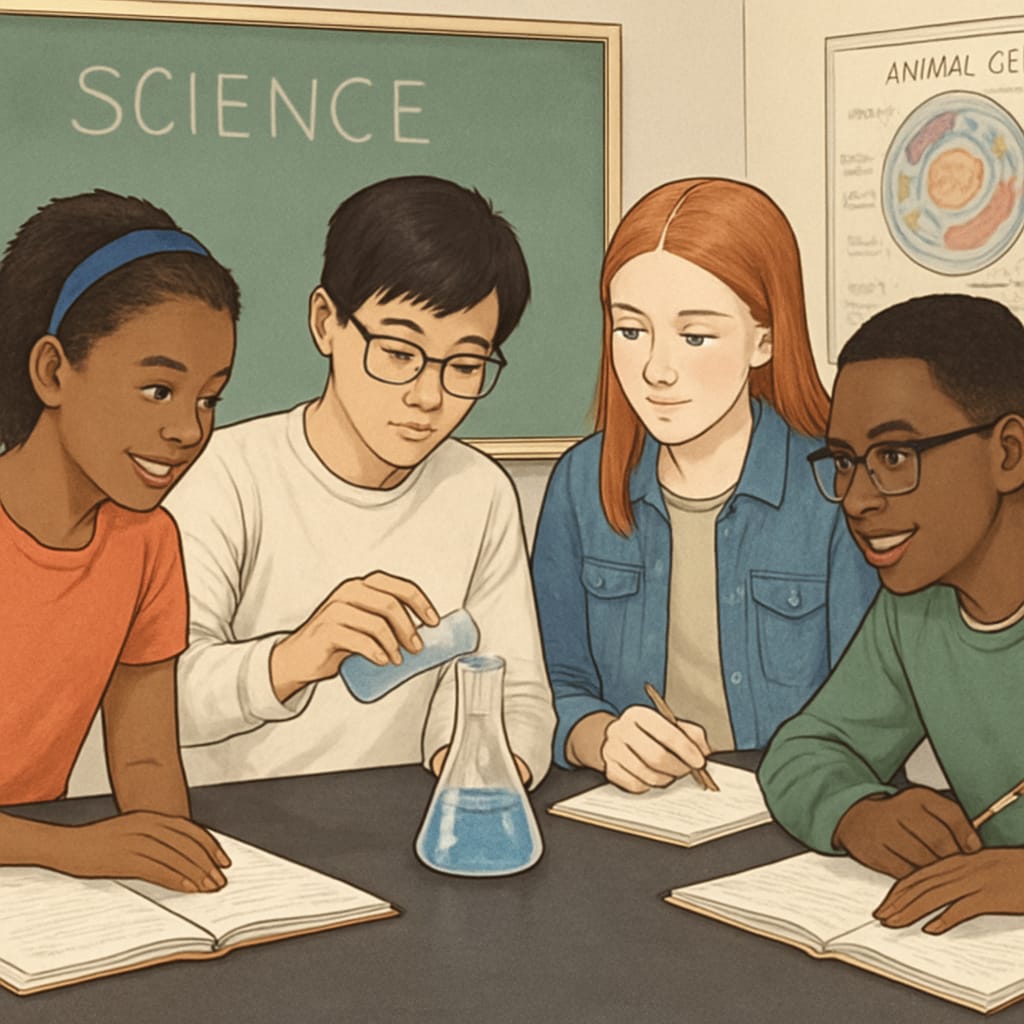 A classroom with diverse high school students working on a science experiment together, highlighting collaboration and inclusion. Diverse high school students collaborating on a science experiment, emphasizing inclusivity.