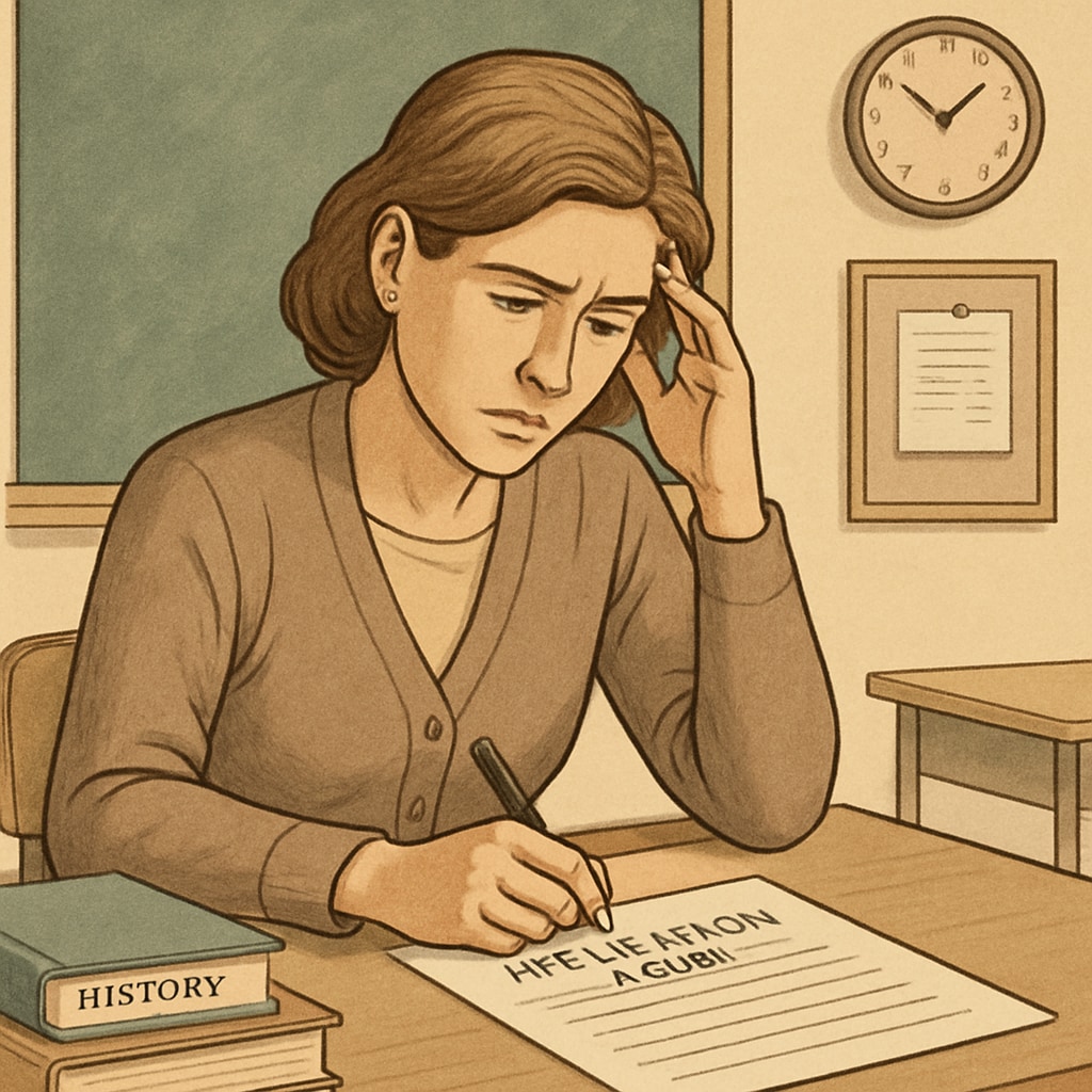 A concerned teacher filling out an application form, symbolizing the challenges of ideological screening in Oklahoma’s hiring process. Teacher application form highlighting Oklahoma’s ideological screening process.