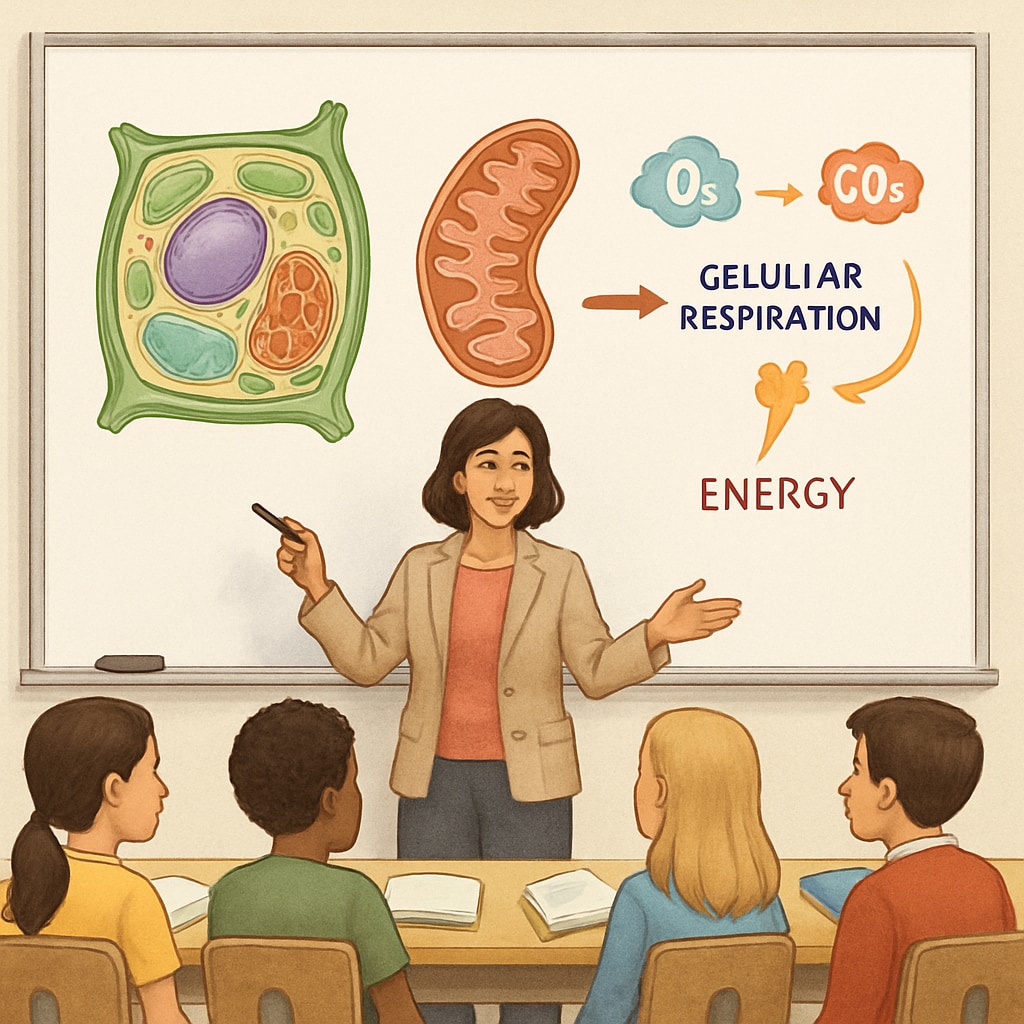 An educator using a whiteboard with colorful diagrams to explain a science concept to a diverse classroom of students. Teacher explaining a science concept with diagrams to a diverse class, showcasing visual aids.