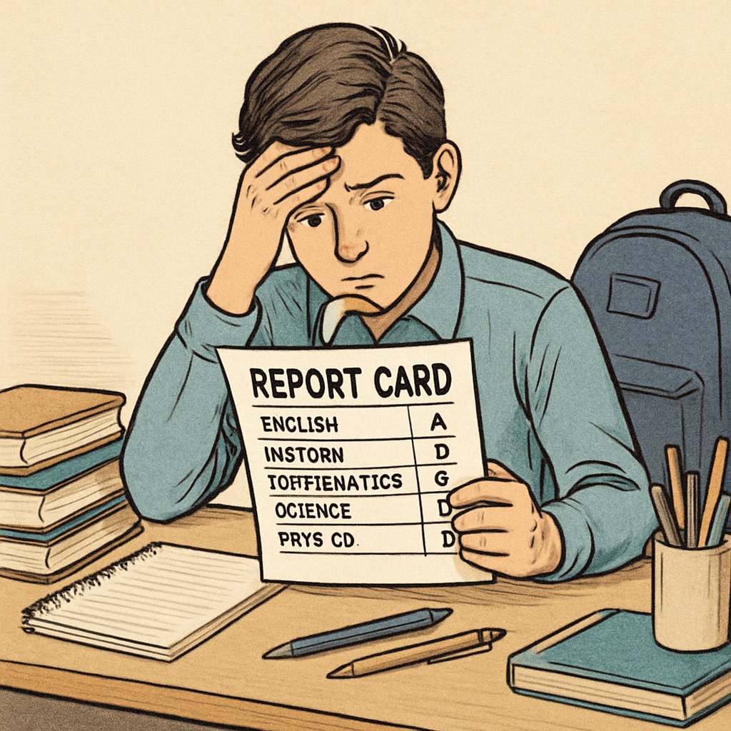 A student reviewing their report card and worrying about a low score for college applications.