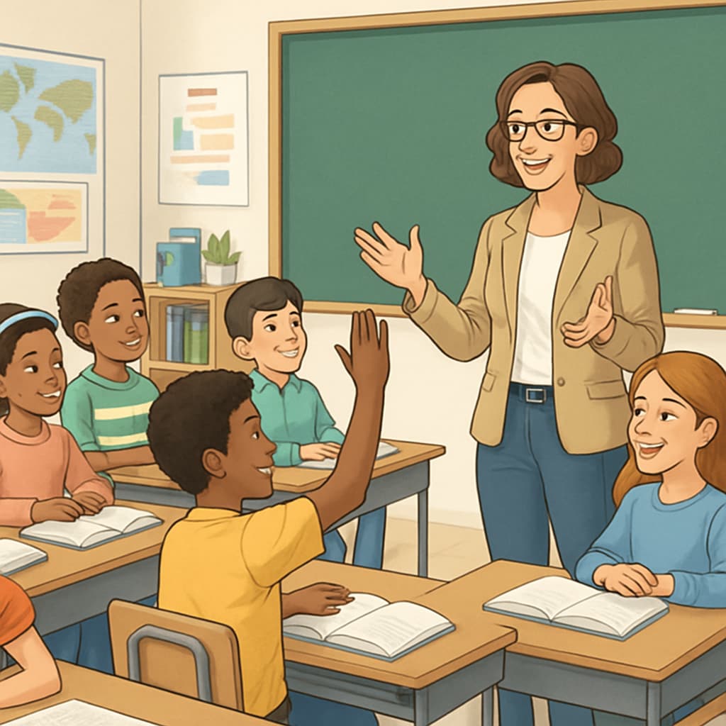 A classroom with diverse students and a teacher encouraging open discussion, representing the value of diverse perspectives in education. Diverse classroom emphasizing the importance of academic freedom.