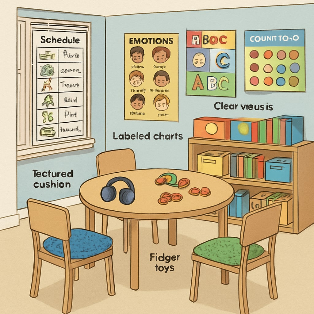 Classroom setup for autism spectrum students with sensory-friendly elements.