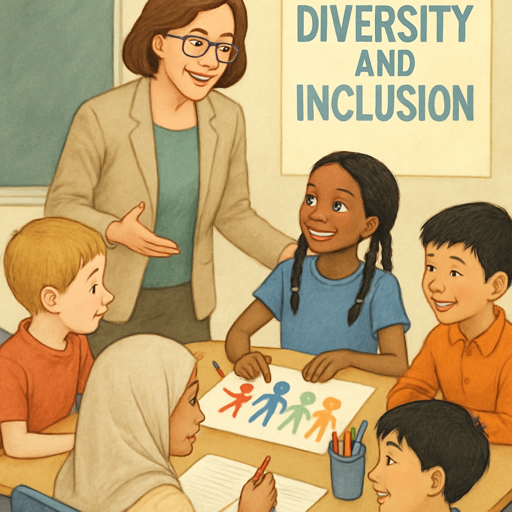 A teacher in a classroom with students of varied ethnicities, emphasizing the importance of diversity in schools. A teacher interacting with ethnically diverse students in a classroom, emphasizing diversity in education.