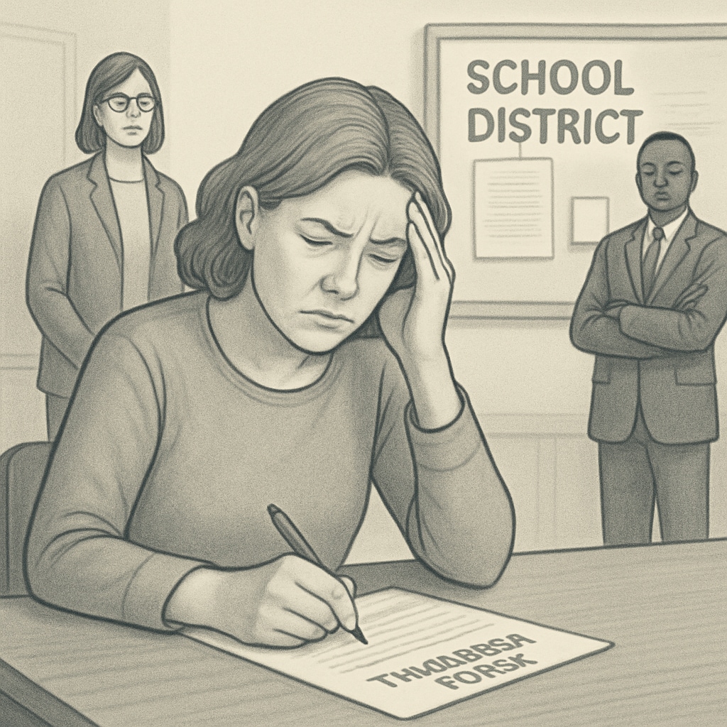 A frustrated parent filling out transfer paperwork for their child with school district representatives in the background. Parent struggling with school transfer paperwork due to district communication barriers.