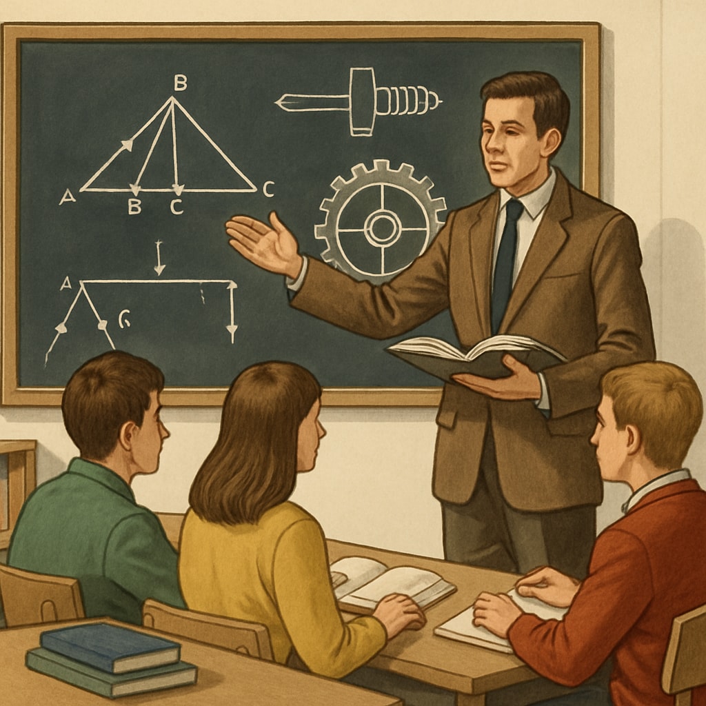 A classroom setting where a teacher explains engineering concepts to students, symbolizing the intersection of education and engineering. A teacher explaining engineering concepts, representing education and engineering dual degrees.