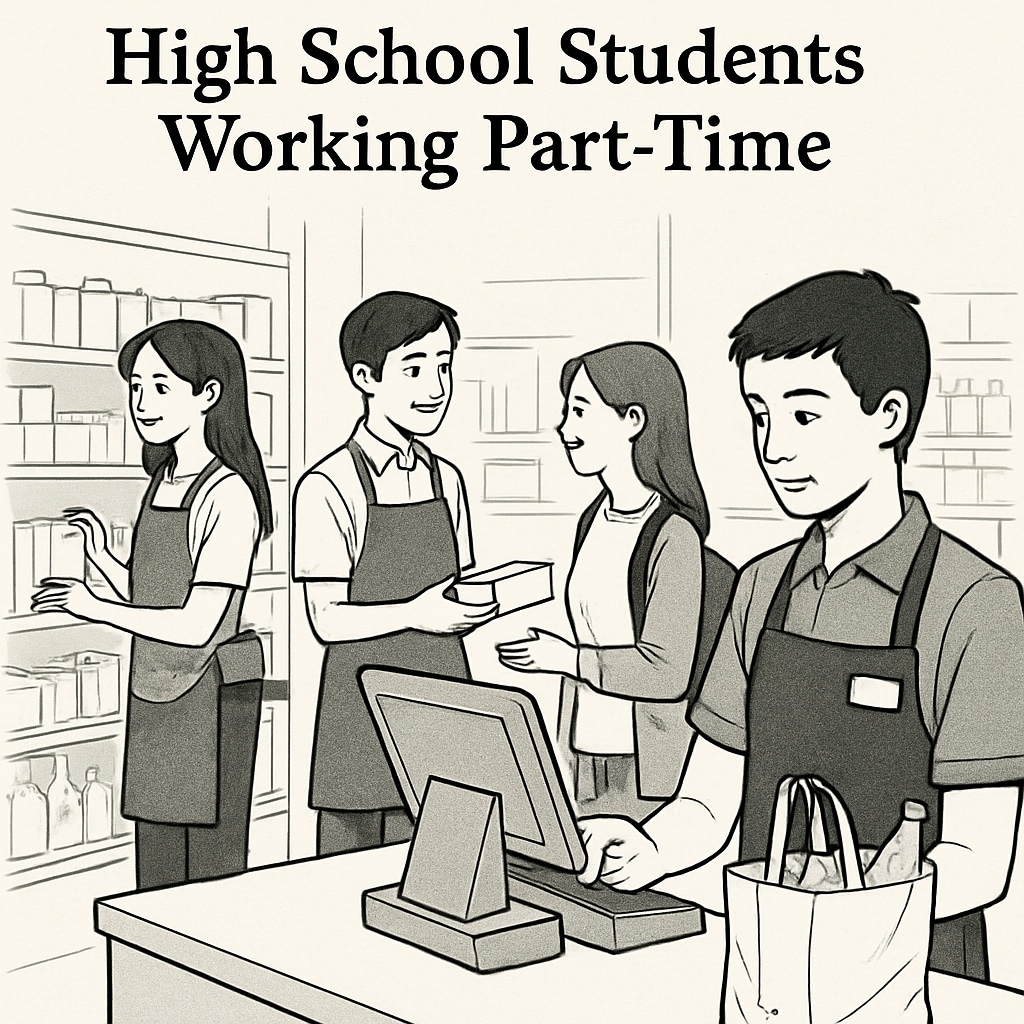 A group of high school students working part-time in a retail store. This image reflects the idea of teens gaining real-world skills through their jobs. High school students working part-time in a retail store, balancing work and academics.