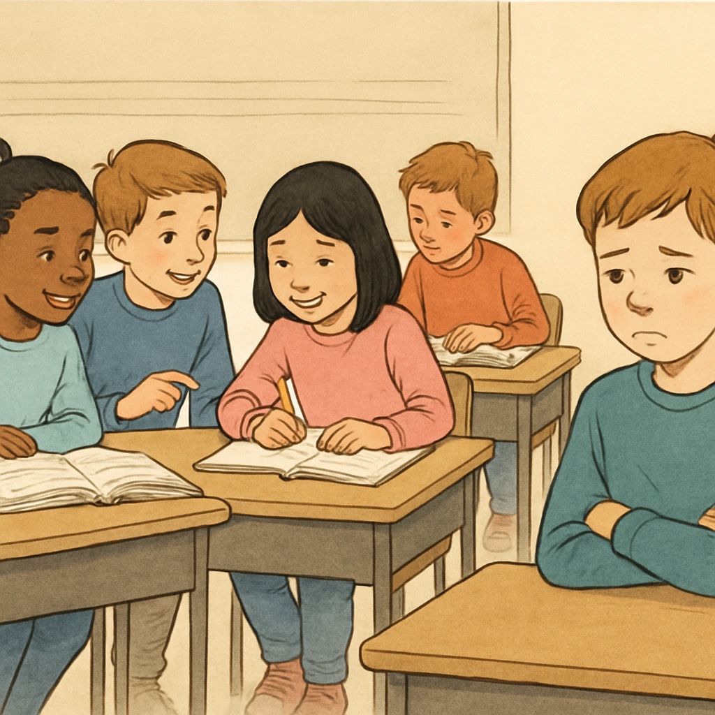 A diverse group of students sitting together, with one child looking isolated or excluded from activities. Example of school discrimination affecting students' interactions and inclusion.