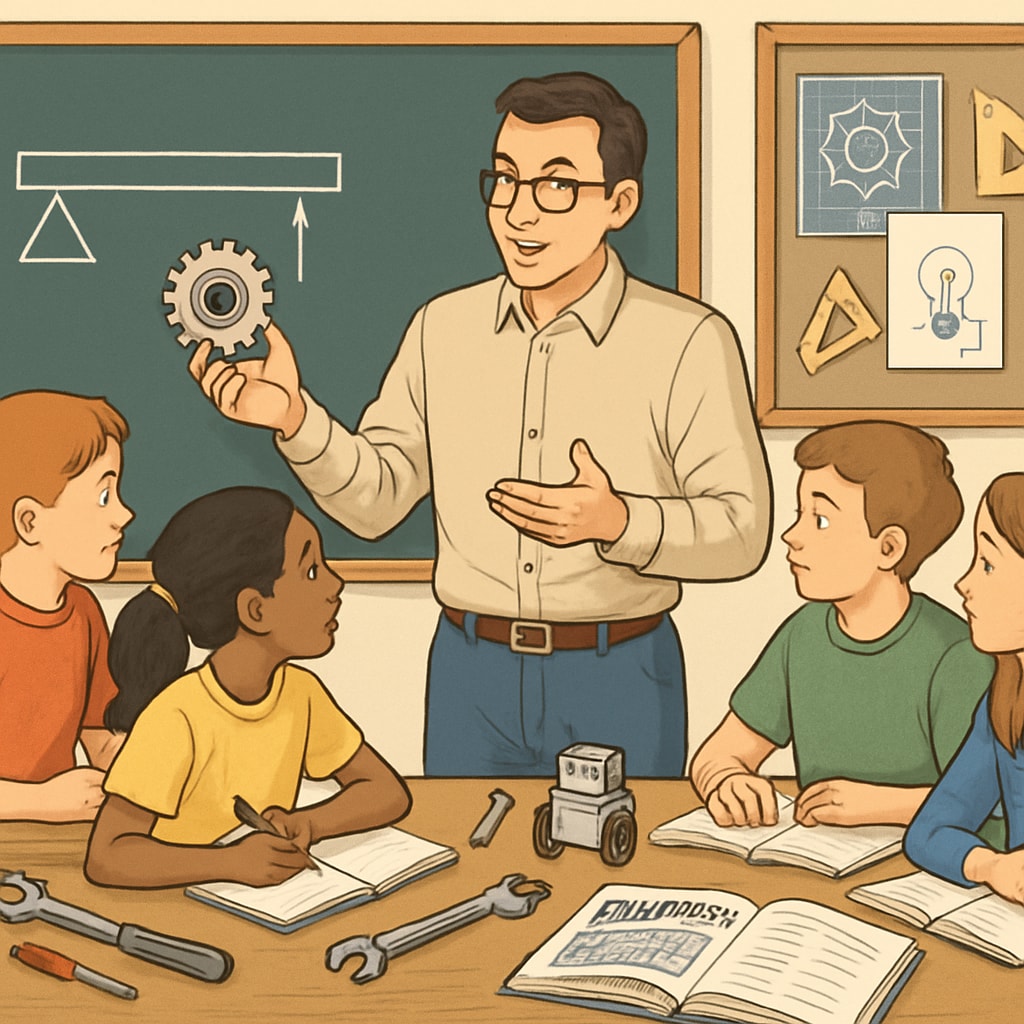 An engineer conducting a training session with young students, emphasizing the application of engineering in education. An engineer training students, highlighting the connection between education and engineering.