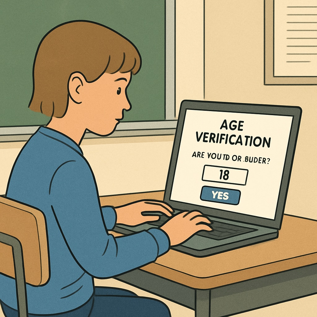 A student using a laptop in a classroom, facing a pop-up age verification prompt. The image represents the challenges of content restrictions in education. Student facing age verification prompt on laptop in classroom