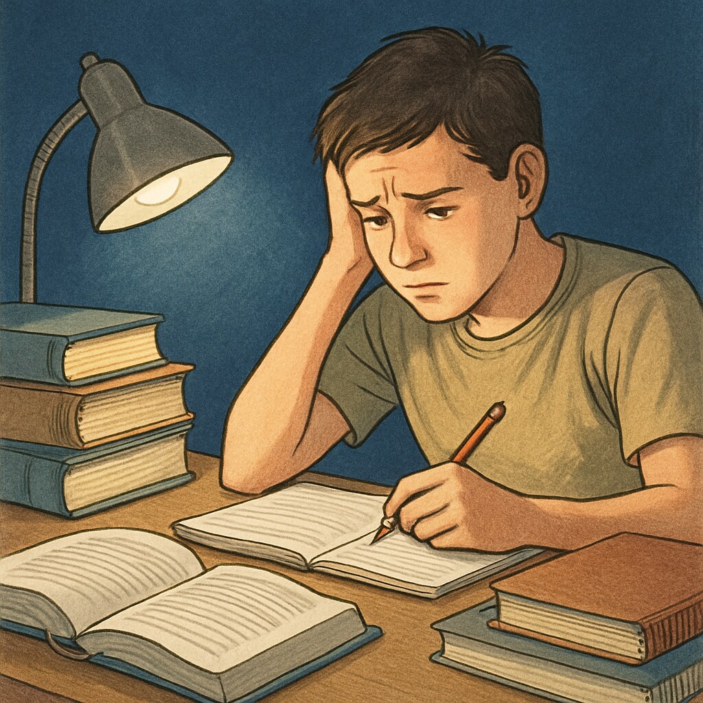 A stressed high school student studying late at night after work. This image highlights the challenges teens face when balancing responsibilities. Stressed high school student studying late at night after part-time work hours.