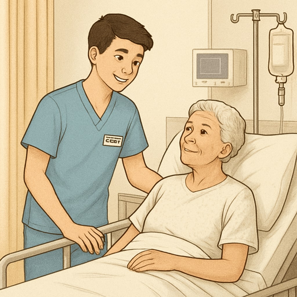 A high school student volunteering at a hospital, wearing scrubs and assisting patients in a clinical setting. A student gaining early experience in healthcare for nursing programs.