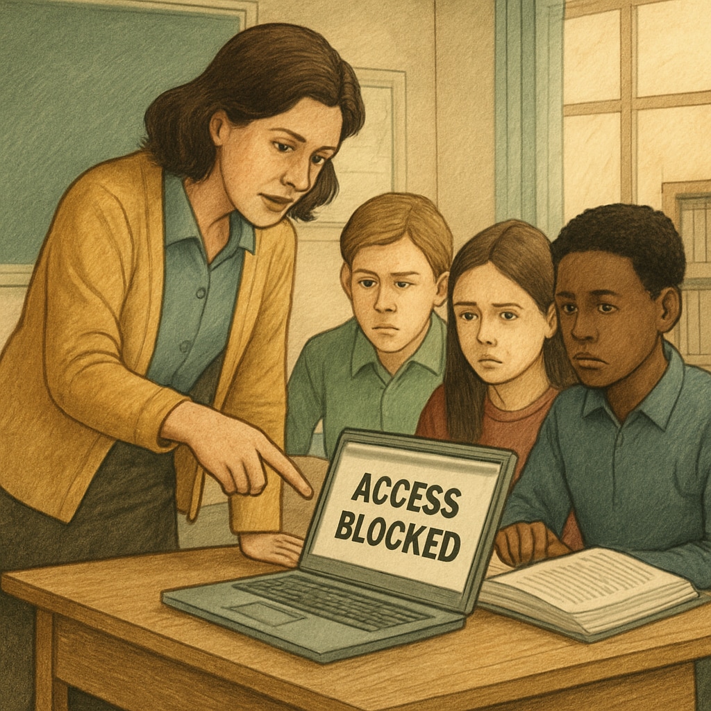 A teacher assisting students in bypassing an online content filter to access educational materials. The image highlights the impact of content censorship in schools. Teacher helping students bypass online filters in classroom