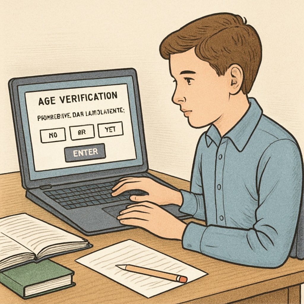 A student at a desk using a laptop, with a pop-up window requesting age verification. Age verification pop-up on a student's laptop during internet use.