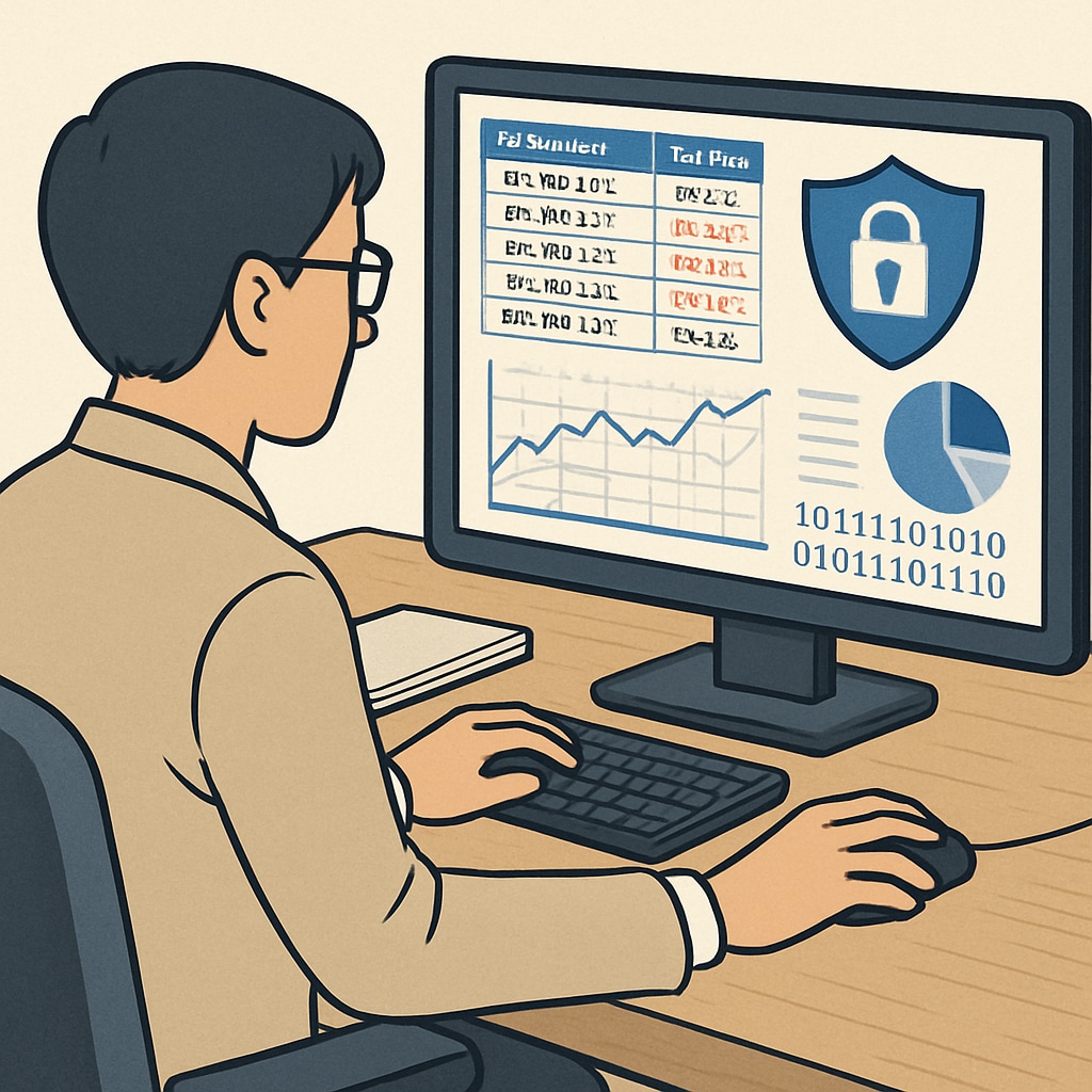 A professional analyzing network security data on a computer screen, representing cybersecurity work. Cybersecurity professional monitoring network data for security threats.