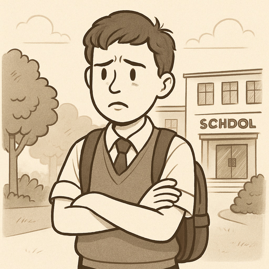 A student with crossed arms standing outside a school building, looking worried about transferring schools. Concerned student standing outside a school building, reflecting on transfer challenges.