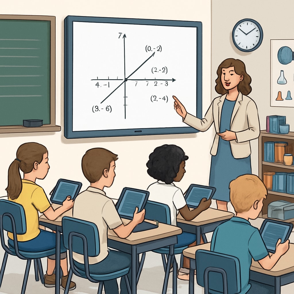 A classroom setting with students using tablets, while a teacher oversees their work on a smartboard. K12 students using tablets in a classroom with teacher supervision.