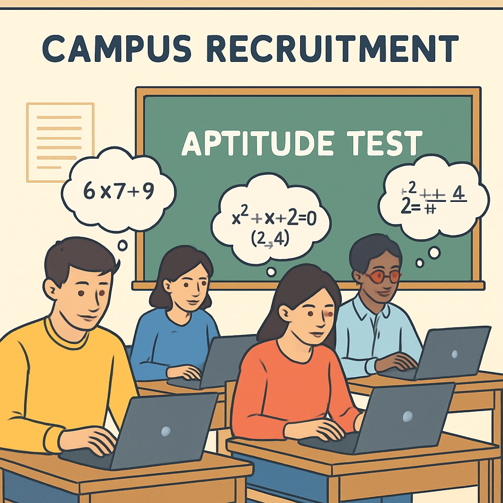 A group of students solving mathematical aptitude test questions on laptops during a campus recruitment event. Students solving mathematical aptitude questions in campus recruitment tests
