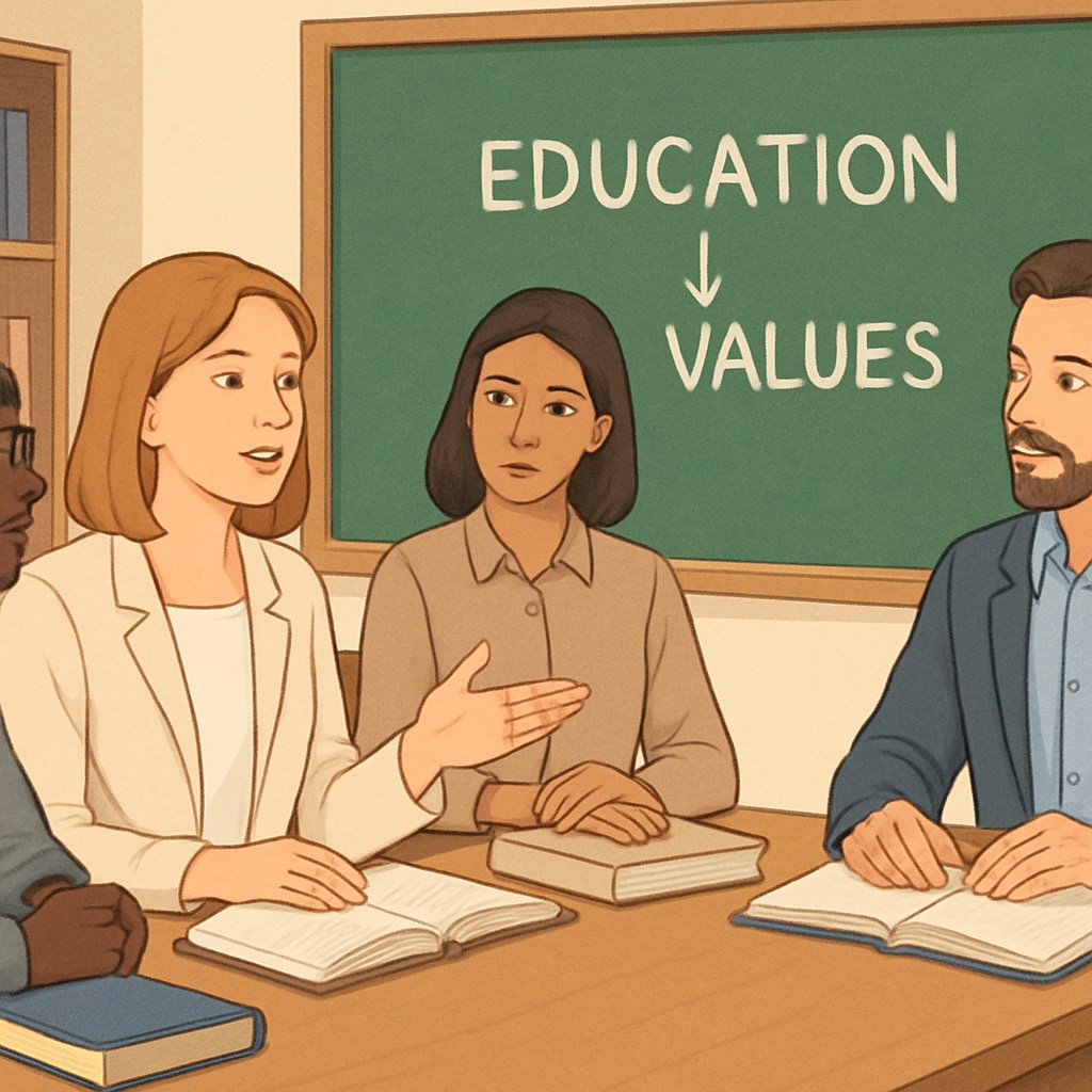 A classroom setting showing teachers discussing educational practices, symbolizing the intersection of education and societal values. Teachers discussing educational practices in a classroom, reflecting educational neutrality and social values.