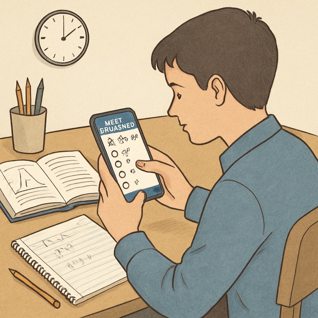 A student using a mobile app to practice mathematical aptitude questions on their smartphone, sitting at a desk with study materials. Student practicing mathematical aptitude with mobile app