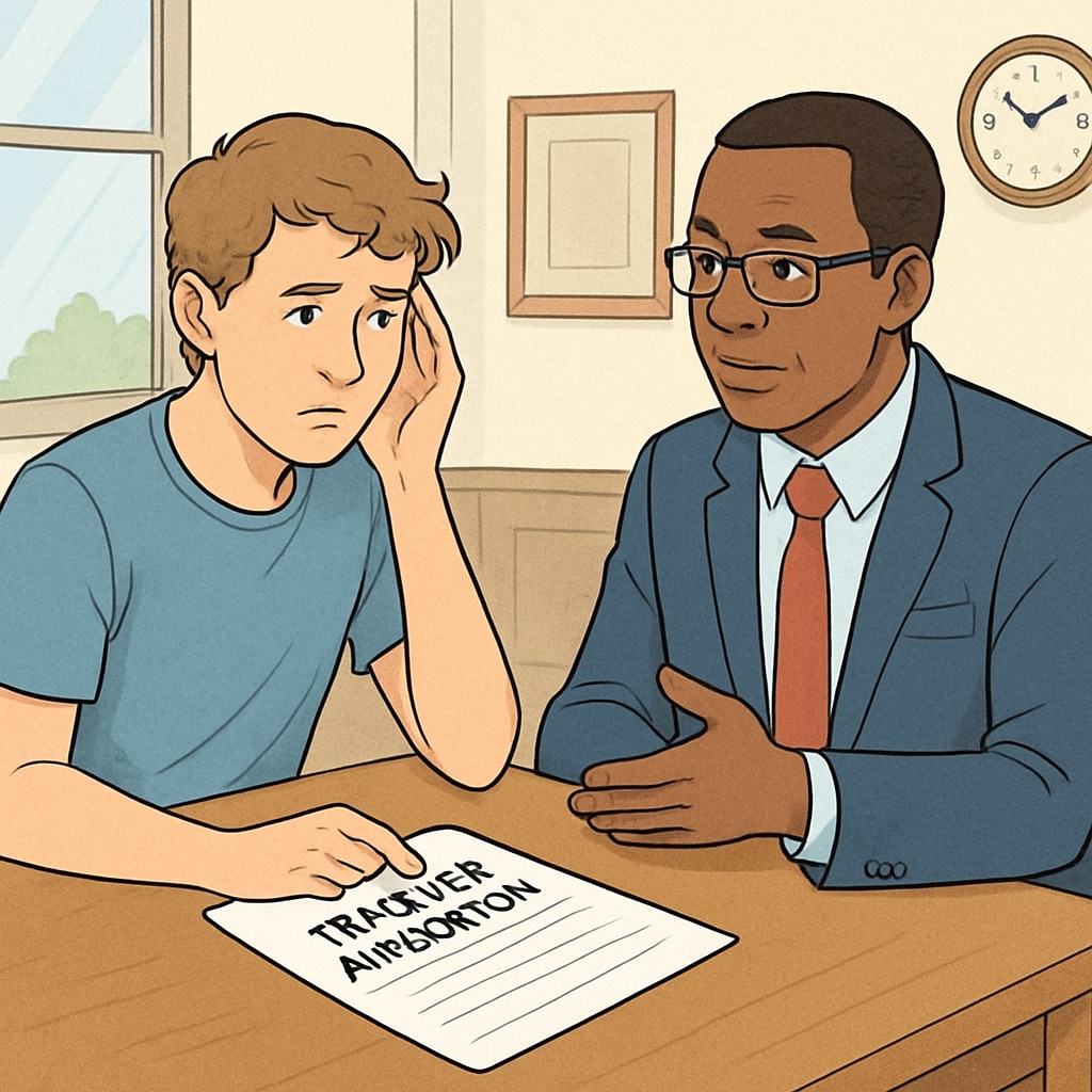 A high school student speaking to a school administrator in a meeting, appearing concerned or distressed about their transfer application. Student discussing school transfer concerns with administrator.