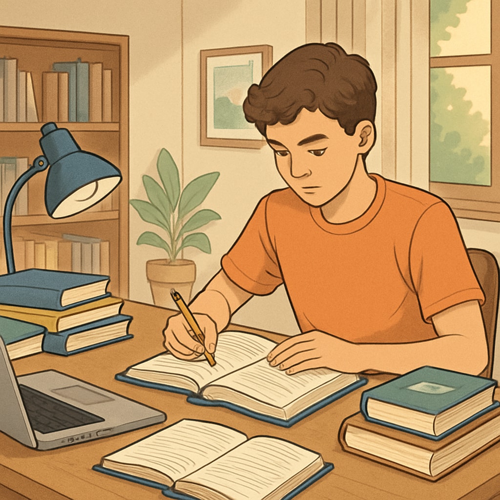 A teenager studying independently at home, showcasing autonomy and self-regulated learning. Teenager practicing independent learning habits at home.