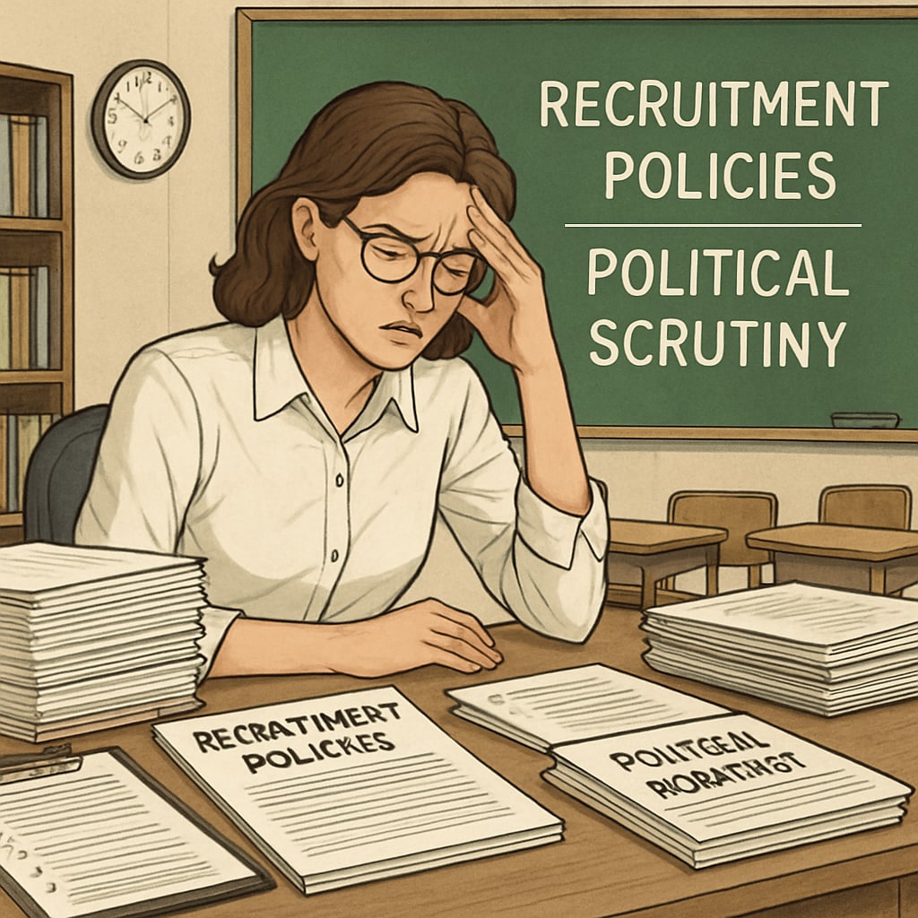 A frustrated teacher sitting at a desk filled with paperwork, representing the challenges of recruitment policies and political scrutiny. A teacher overwhelmed by recruitment paperwork, symbolizing challenges in Oklahoma’s teacher screening policy.