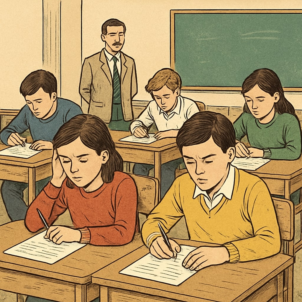 A classroom of Turkish students taking a standardized exam, illustrating the pressure of the exam-driven system. Students in Turkey participating in a standardized exam, symbolizing the exam-driven education system.