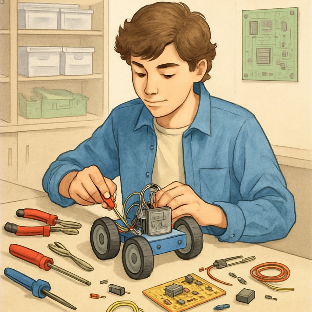 A teen working on a robotics project, emphasizing interest-driven and hands-on learning. Teen engaged in robotics project as part of interest-based education.