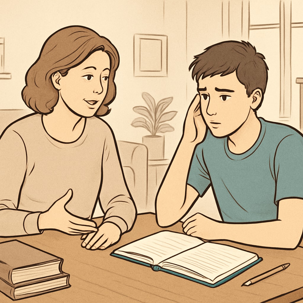 A parent and teen having a constructive conversation about academic challenges in a relaxed setting, such as a living room or kitchen. Parent and teen discussing academic challenges and solutions.