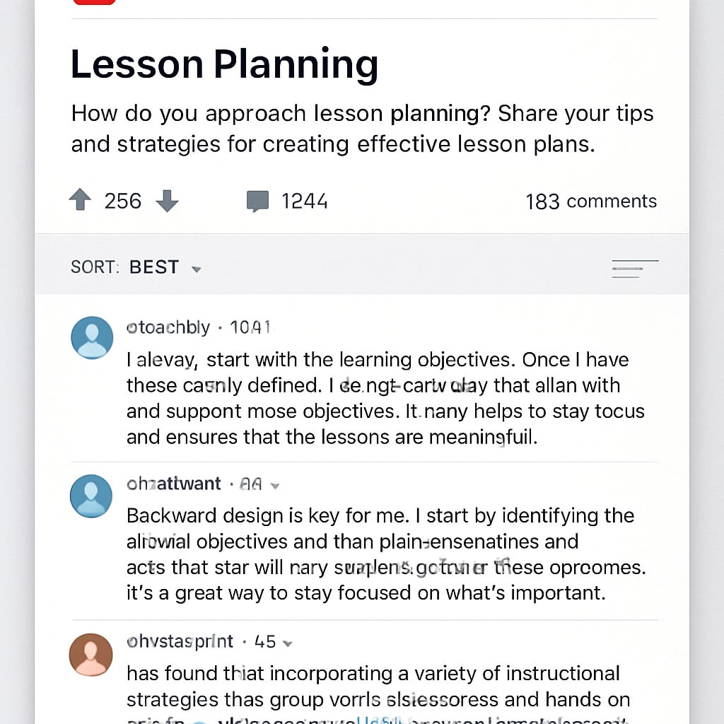 A screenshot of a popular education subreddit, such as r/Teachers, showcasing a well-structured thread about lesson planning. Screenshot of r/Teachers subreddit thread highlighting educational discussions.