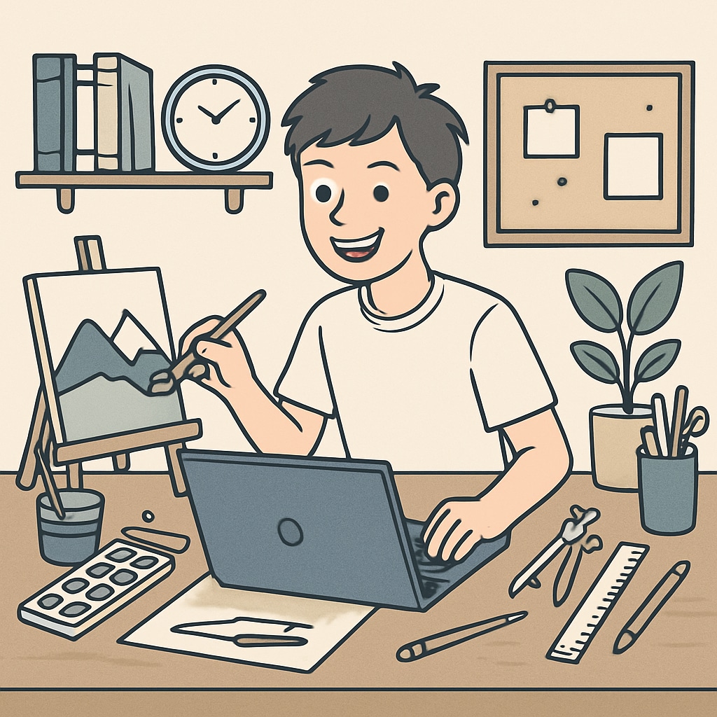 A teen enthusiastically working on a creative project, such as coding, painting, or designing, at their desk. Teen engaged in a creative academic activity that aligns with their personal interests.