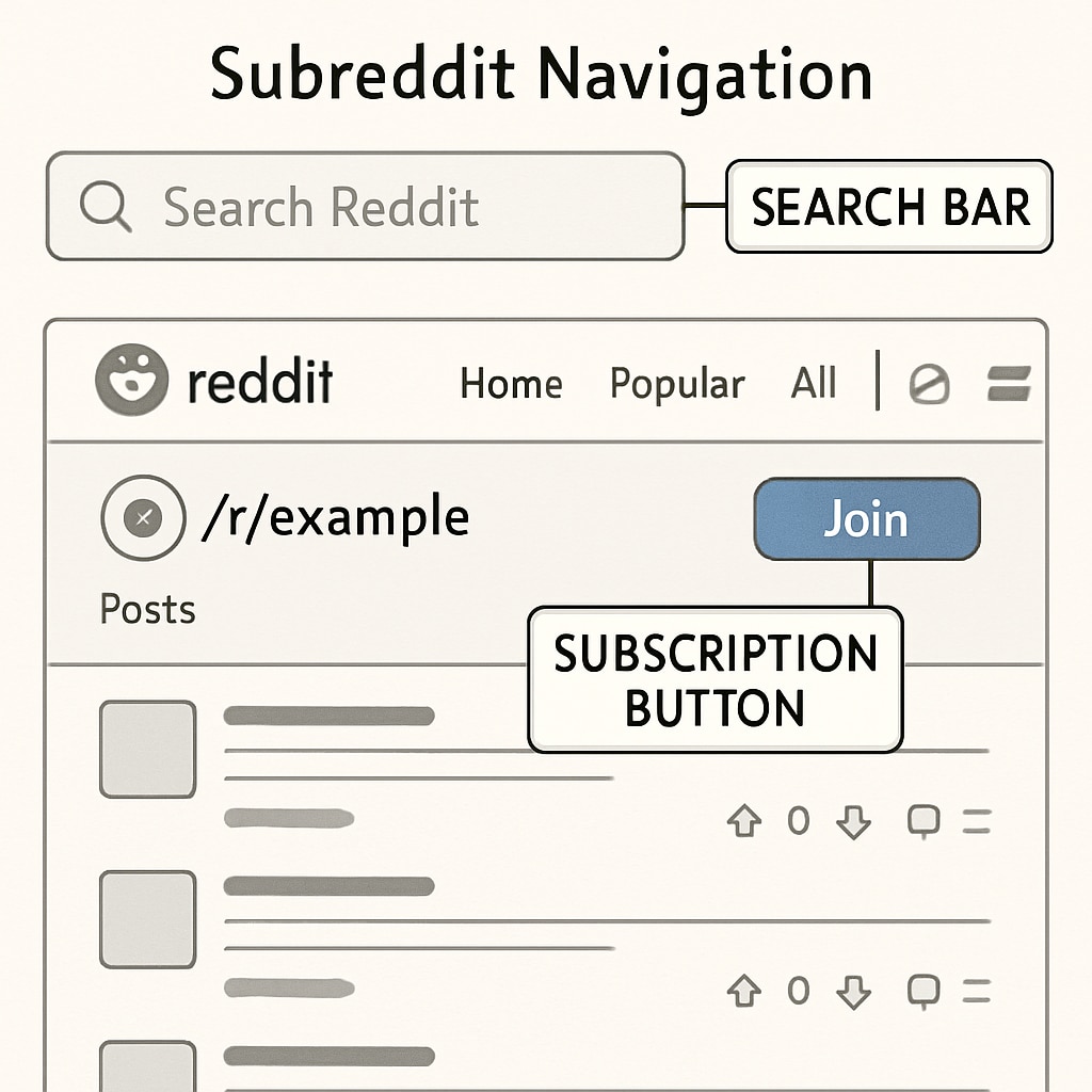 A visual representation of the subreddit navigation process on Reddit’s interface, highlighting the search bar and subscription button. Reddit navigation interface showing how to join education subreddits.