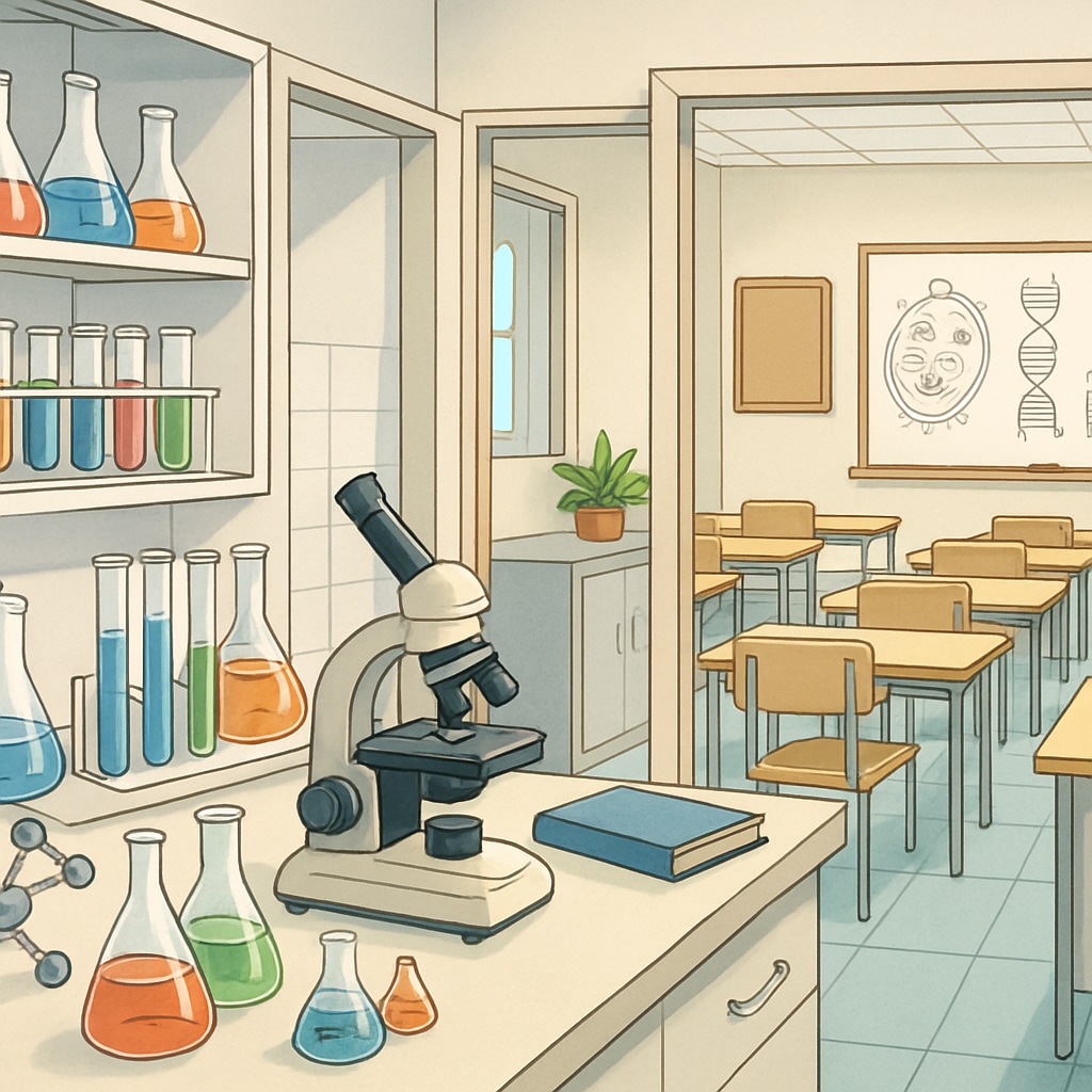 Biology lab connected to a classroom, representing the transition from science to education.