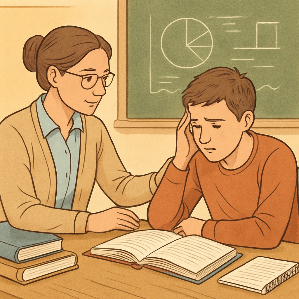A supportive teacher discussing exam stress with a student in a classroom setting. Teacher helping student manage GCSE results anxiety