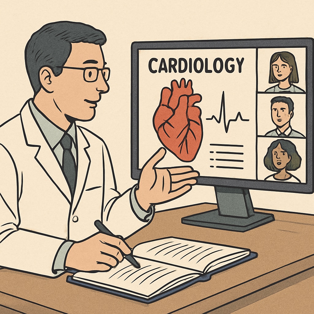 A professional instructor conducting an online cardiology class aimed at non-medical background learners. The image showcases the instructor’s screen and learners participating remotely. Online cardiology class for non-medical background learners